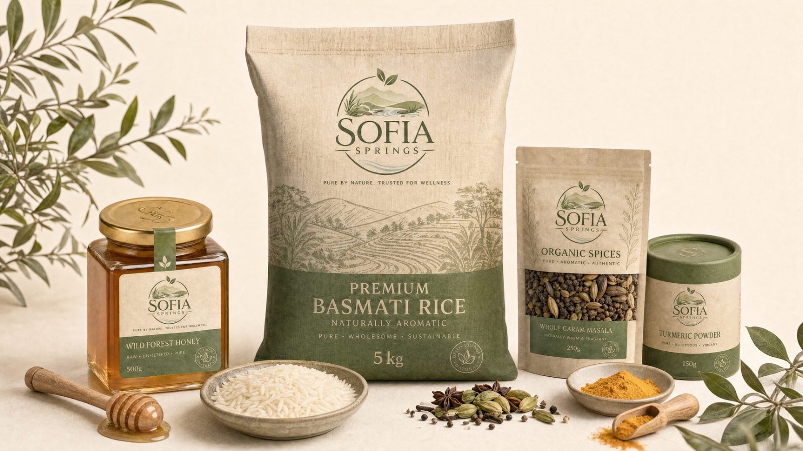 Sofia Springs honey and basmati range on linen