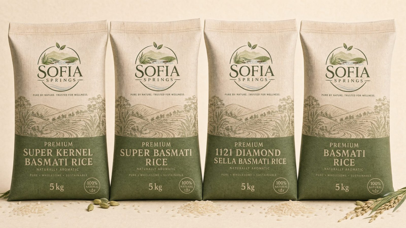 Sofia Springs basmati range — Super Kernel, Super Basmati, 1121 Diamond Sella and Premium Basmati