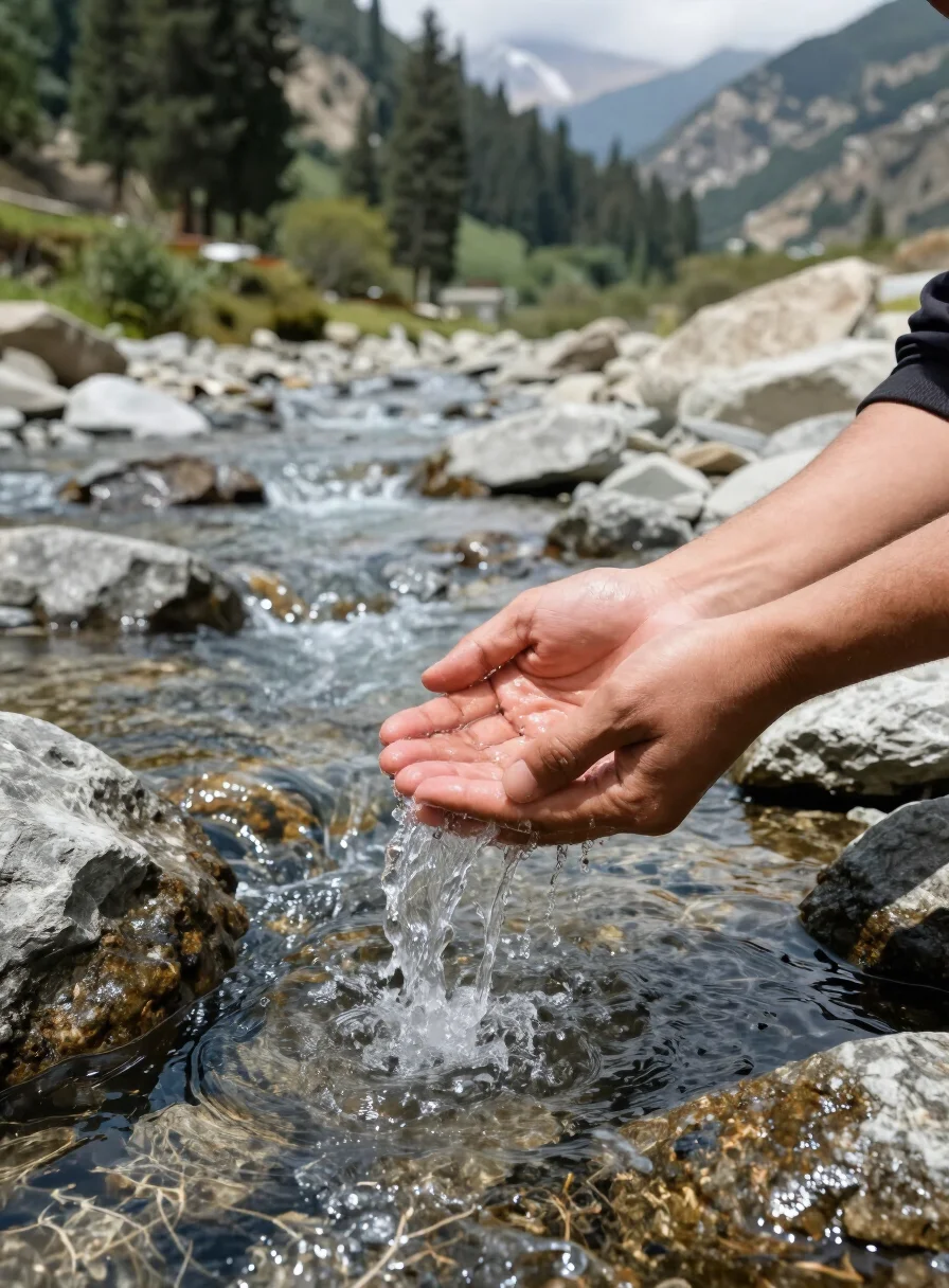 Hands cupping spring water